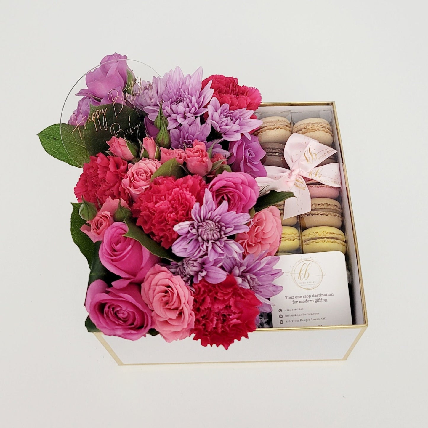 Gorgeous floral arrangements and gifts are great when paired with our selection of delicious macarons.