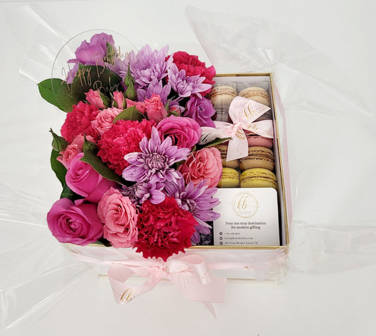 Flowers & French Macarons in Square Box