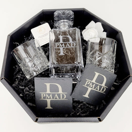 Customized Whiskey Decanter Set - Monogrammed Gifts- Decanter and 2 Glasses Gift Set