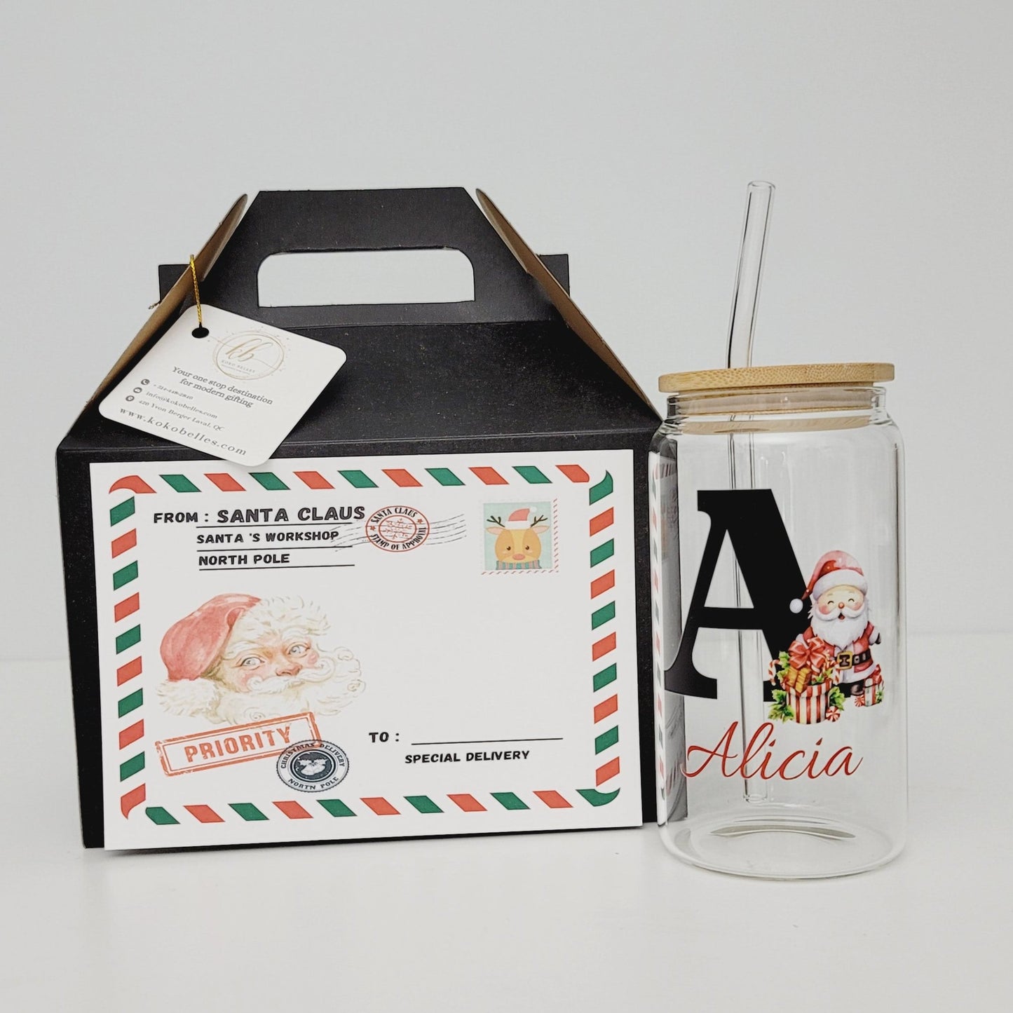 Christmas themed Glass Can Cup with Lid and Straw