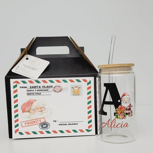 Christmas themed Glass Can Cup with Lid and Straw