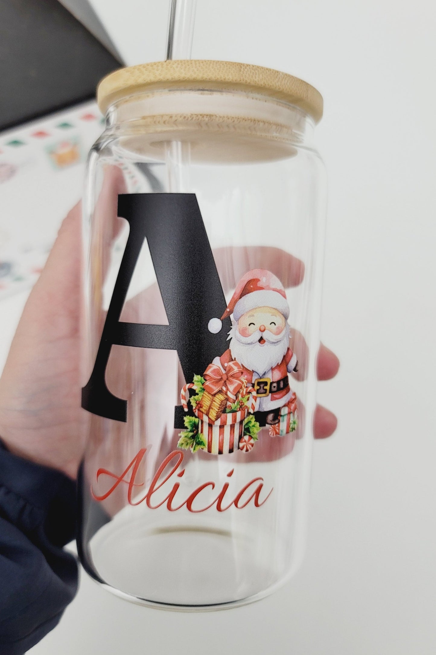 Christmas themed Glass Can Cup with Lid and Straw