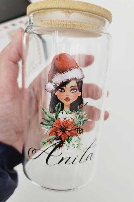 Christmas themed Glass Can Cup with Lid and Straw_Girl Portrait