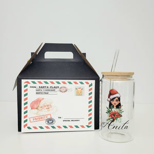 Christmas themed Glass Can Cup with Lid and Straw_Girl Portrait